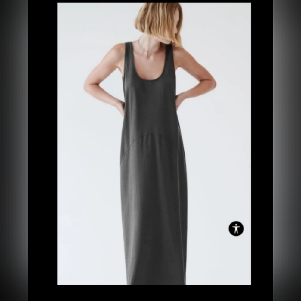 NWT ZARA Washed Effect Cotton Dress Round Neck Thick Strap Midi Charcoal Gray S